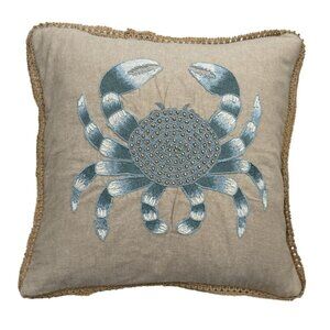 Coastal Embroidered Crab Pillow Cover 18"x18" Beige Blue Burlap Trim  Zip Close